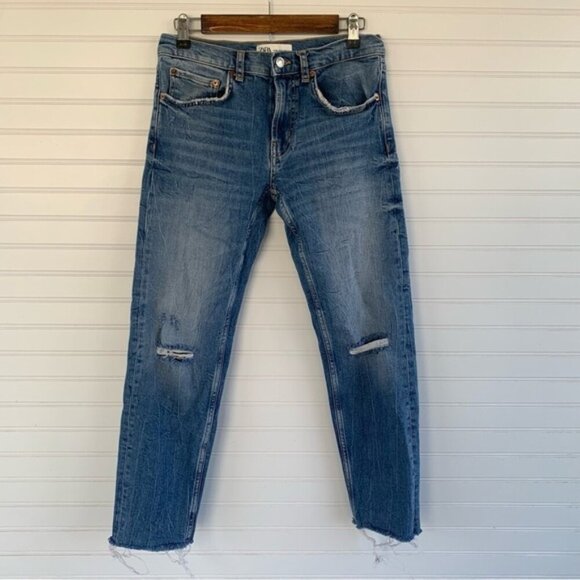 Zara The Slim Boyfriend Style Blue Denim Distressed Jeans Size 4 - Picture 1 of 8